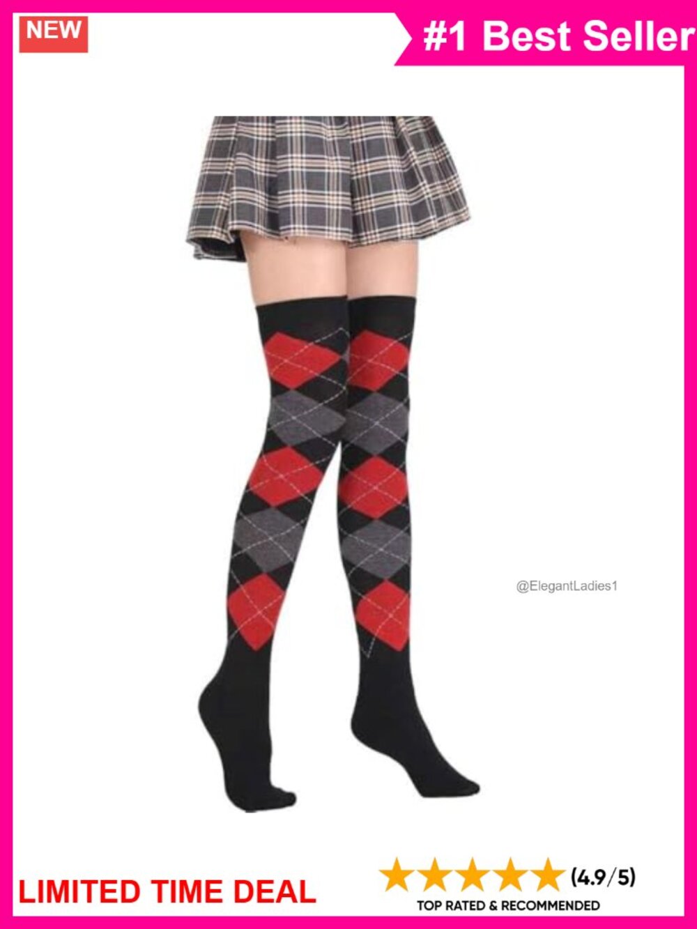 Thigh High Cotton Blend Argyle Over the Knee Socks